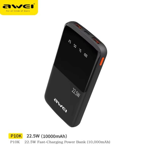 Արտաքին Մարտկոց AWEI P10K 22.5W 10000mAh Black - Image 3