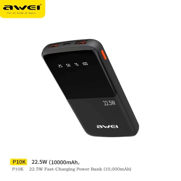 Արտաքին Մարտկոց AWEI P10K 22.5W 10000mAh Black - Image 2